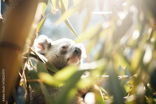 sun filtering through eucalyptus leaves onto a koala photo