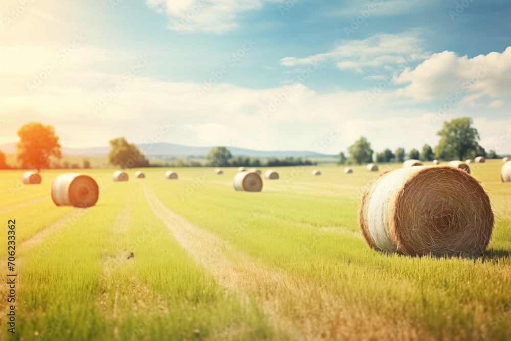 bales of hay in a freshly mown field