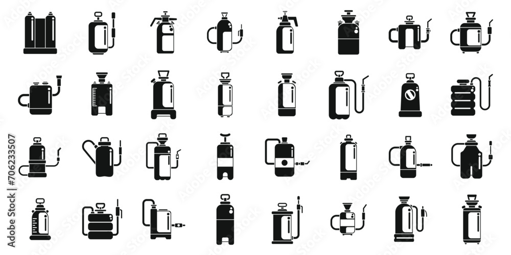 Pesticide sprayer icons set simple vector. Pressure garden lawn. Spray field Pesticide sprayer icons set simple vector. Pressure garden lawn. Spray field