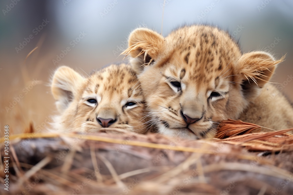 pair of cubs nestled against a snoozing lion pair of cubs nestled against a snoozing lion