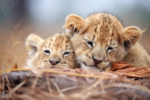 pair of cubs nestled against a snoozing lion