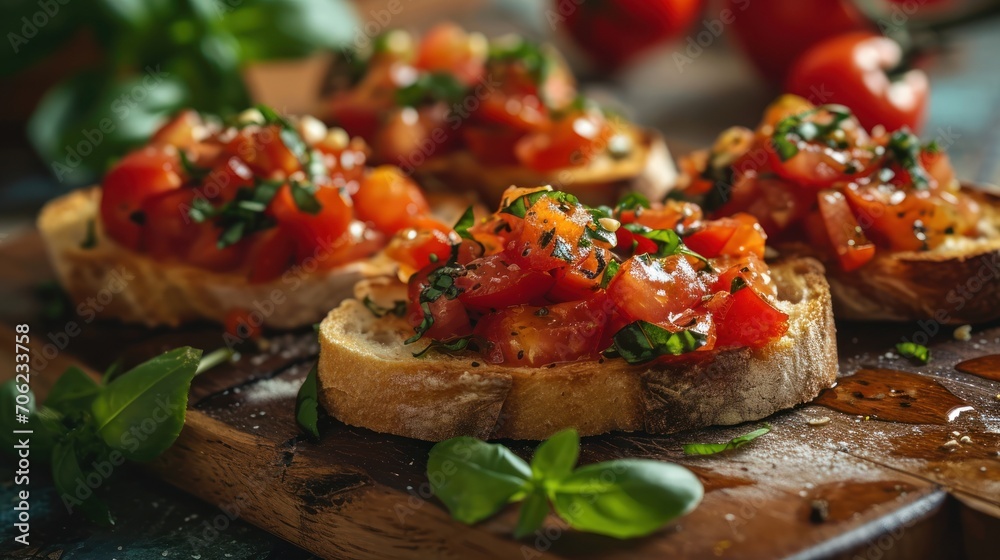 a wooden cutting board topped with slices of bread covered in tomato sauce and fresh basil sprinkled on top of it. a wooden cutting board topped with slices of bread covered in tomato sauce and fresh basil sprinkled on top of it.