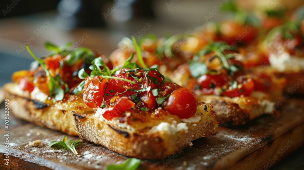 a wooden cutting board topped with slices of bread covered in tomatoes and herbs on top of a wooden cutting board. a wooden cutting board topped with slices of bread covered in tomatoes and herbs on top of a wooden cutting board.