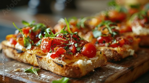  a wooden cutting board topped with slices of bread covered in tomatoes and herbs on top of a wooden cutting board.