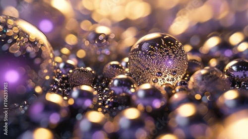  a bunch of shiny balls sitting on top of a pile of purple and gold glittered balls on top of a table. © Shanti