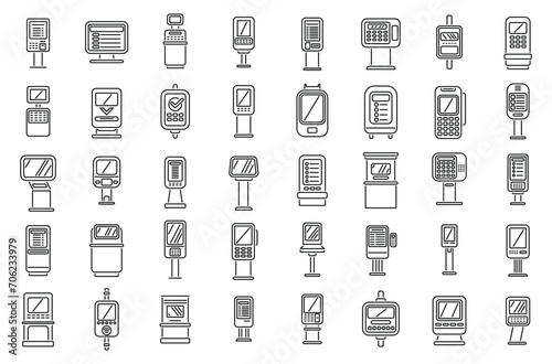 Ticket terminal icons set outline vector. City security. Self info screen