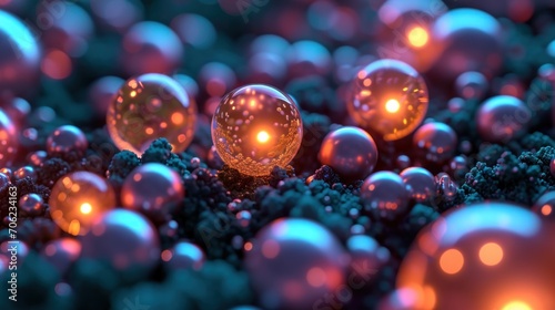  a bunch of shiny balls sitting on top of a pile of blue and pink balls with a light shining on them.