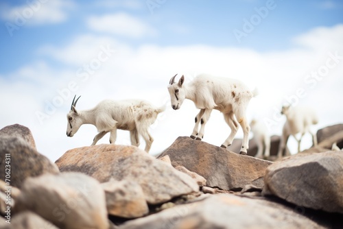young mountain goats playing on a boulder field