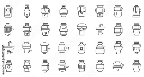 Food Waste Disposer icons set outline vector. Garbage sink. Water pipe