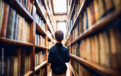 ein Junge steht in einer Bibliothek und schaut sich die Buecher an AI generiert