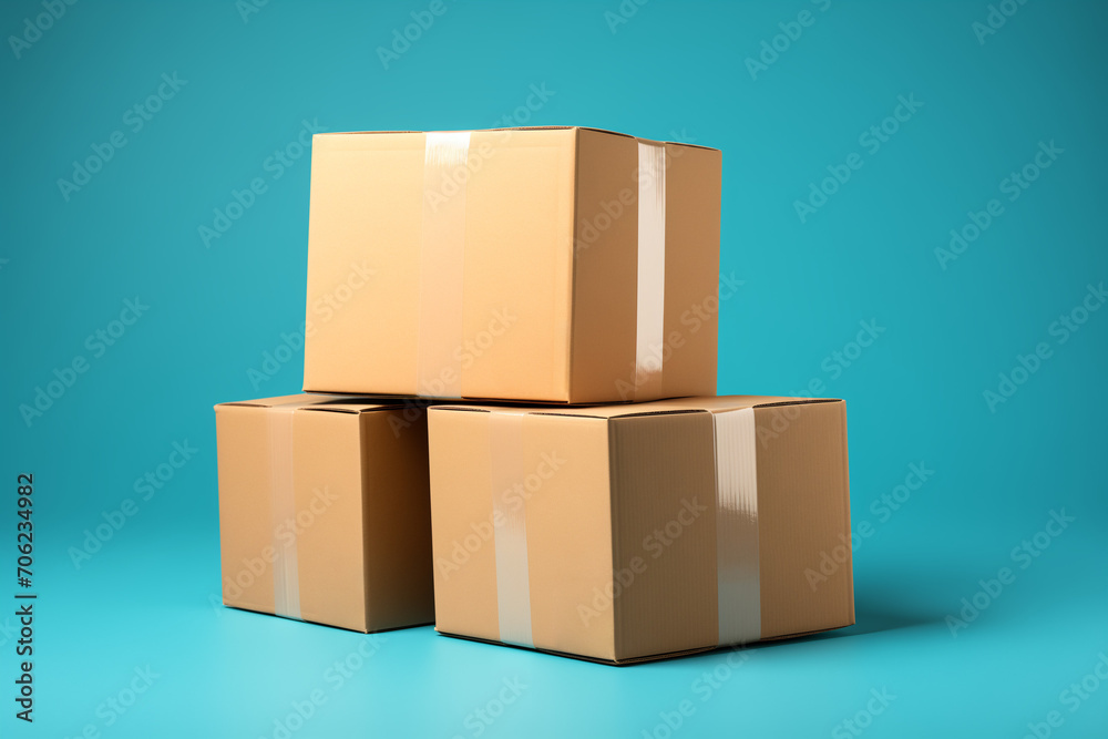 Obraz premium Pile of various size taped up cardboard boxes isolated on turquoise blue background.
