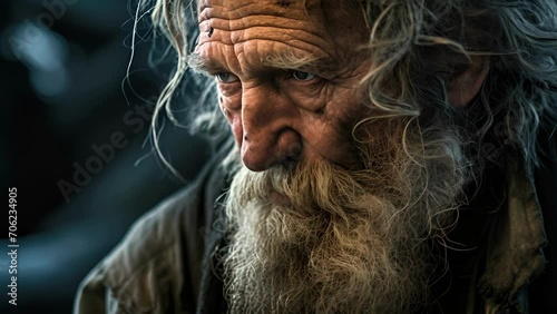 The old sailors skin was weathered and worn, with deep wrinkles etched into his face from years spent out at sea. He had lived a life of adventure, facing rough waters and harsh conditions, photo
