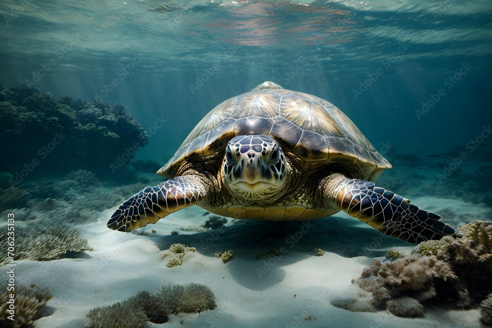 Fototapeta premium A close up of a sea turtle under the sea