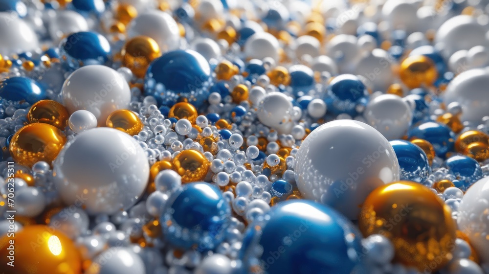 a close up of a bunch of different colored balls in a liquid filled with gold, silver, and blue. a close up of a bunch of different colored balls in a liquid filled with gold, silver, and blue.