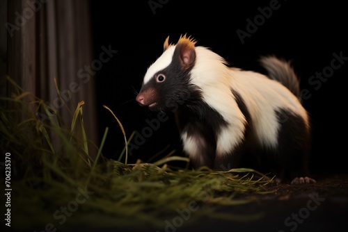 skunk with full tail raised near dark bushes