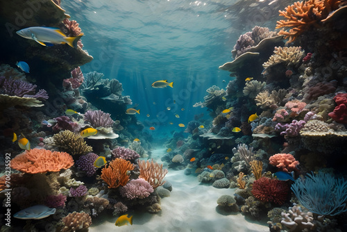 A scene of underwater coral reefs with tiny little fishes