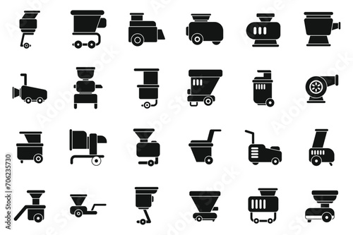 Garden shredder icons set simple vector. Wood tree cut. Trimmer mower