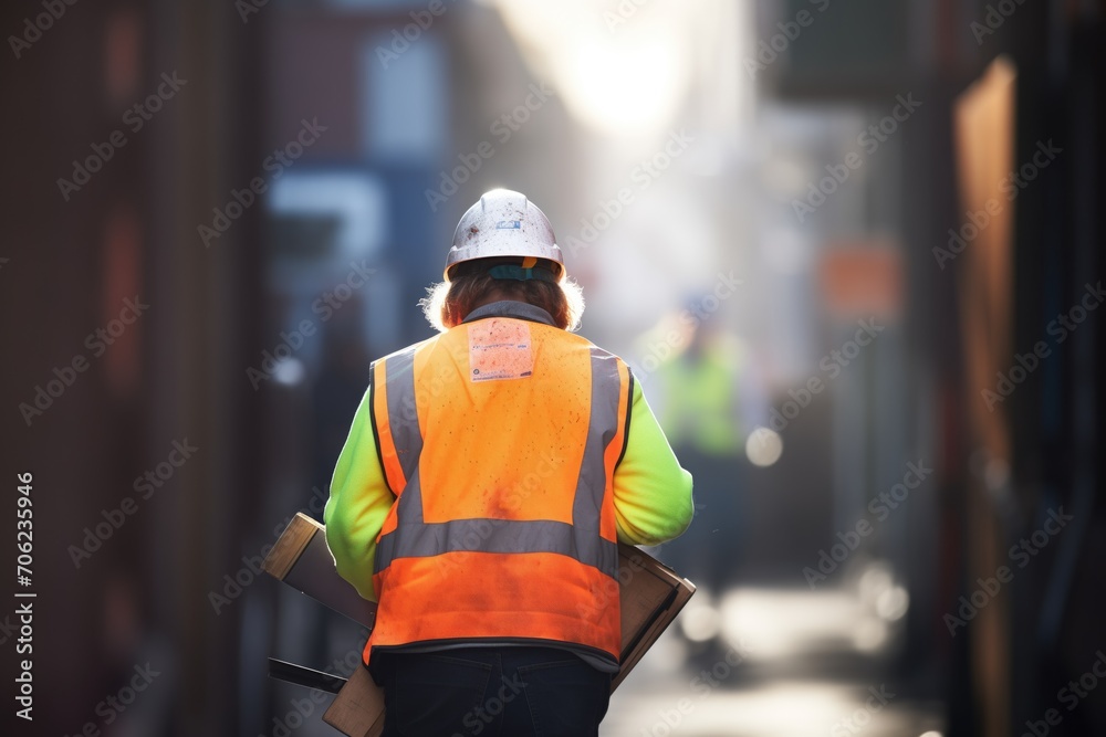 worker wearing a hi-vis vest carrying a clipboard worker wearing a hi-vis vest carrying a clipboard