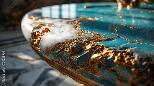  a close up of a surfboard with gold leafy designs on it's sides and a blue body of water in the background.