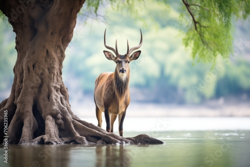 waterbuck standing under riverine tree shade