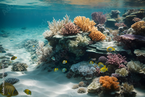 A scene of underwater coral reefs with tiny little fishes © AungThurein