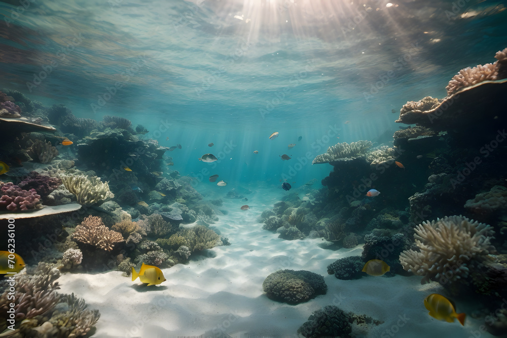 A scene of underwater coral reefs with tiny little fishes