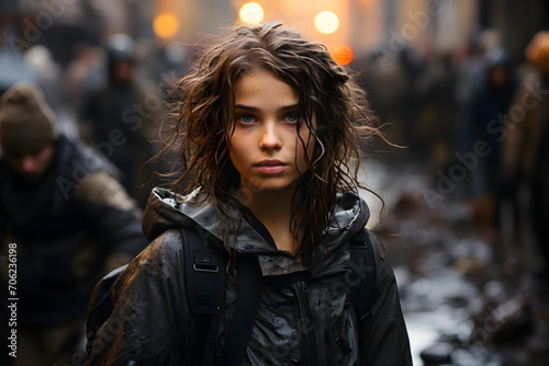 The image of a girl standing looking at the ruins of a country destroyed by war and people starving. The image gives a feeling of hopelessness, depression, loss, separation from loved ones.