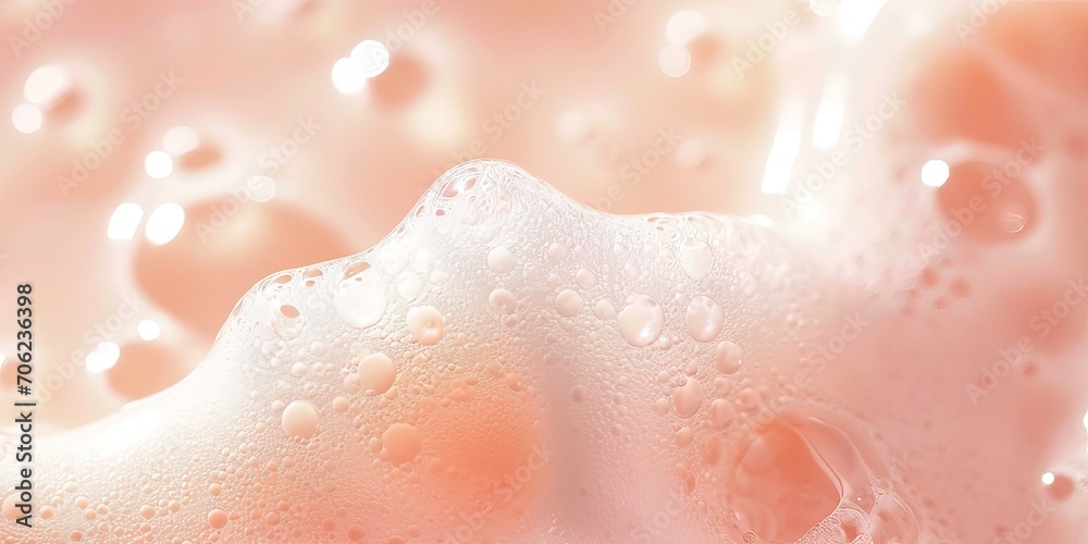 Closeup of white soap foam on soft peach-pink background. Abstract backdrop for beauty concept. AI generated image.  - obrazy, fototapety, plakaty 