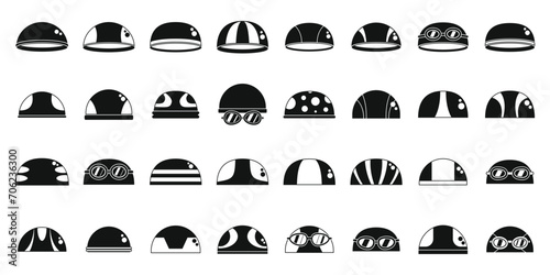Swimming cap icons set simple vector. Swim pool dive. Swimmer mask