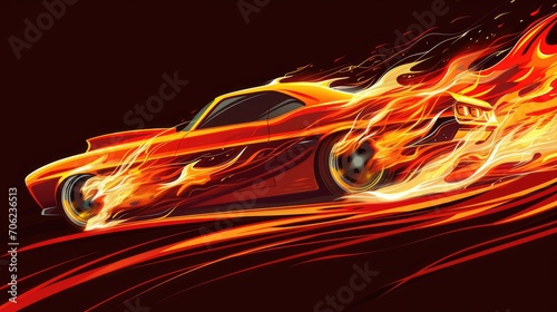 Graphic illustration of a speeding car covered in flames, AI generated Image