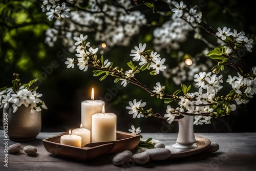 Craft a tranquil garden scene bathed in candlelight, featuring a white flowering branch and three white candle lights for a contemplative atmosphere.