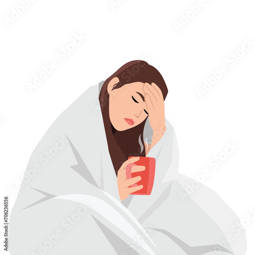 Cold ,flu, Severe Cough concept. Young sick unhappy woman cartoon character sitting on sofa ay home with cup of hot drink coughing and feeling sick. Flat vector illustration isolated on white 