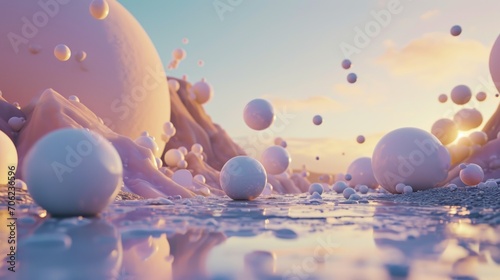  a group of white balls floating on top of a body of water in front of a blue and white sky.