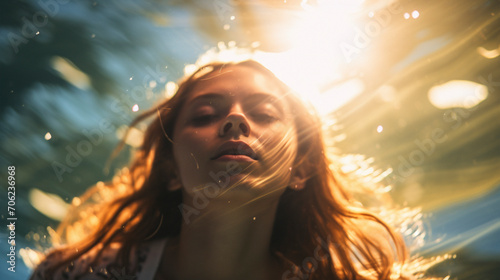 Sunlit Grace: Underwater Close-up of a Young Swimmer in Bliss, Generative AI