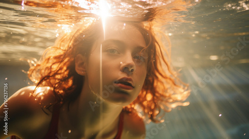 Aquatic Euphoria: Underwater Bliss of a Girl Bathed in Sunlight, Generative AI