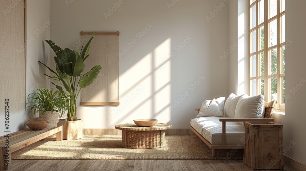 Fototapeta premium Modern Minimal clean contemporary living room white walls wood furniture home interior design daylight background,beige sofa couch in living room daylight from window freshness moment mock up interior