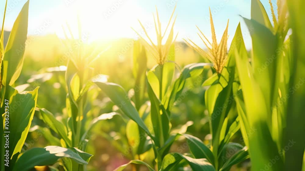 Large fields of corn sway gently in the breeze, their stalks reaching towards the sky, thanks to the use of hydroelectric power from the nearby river, supporting the farmers commitment to
