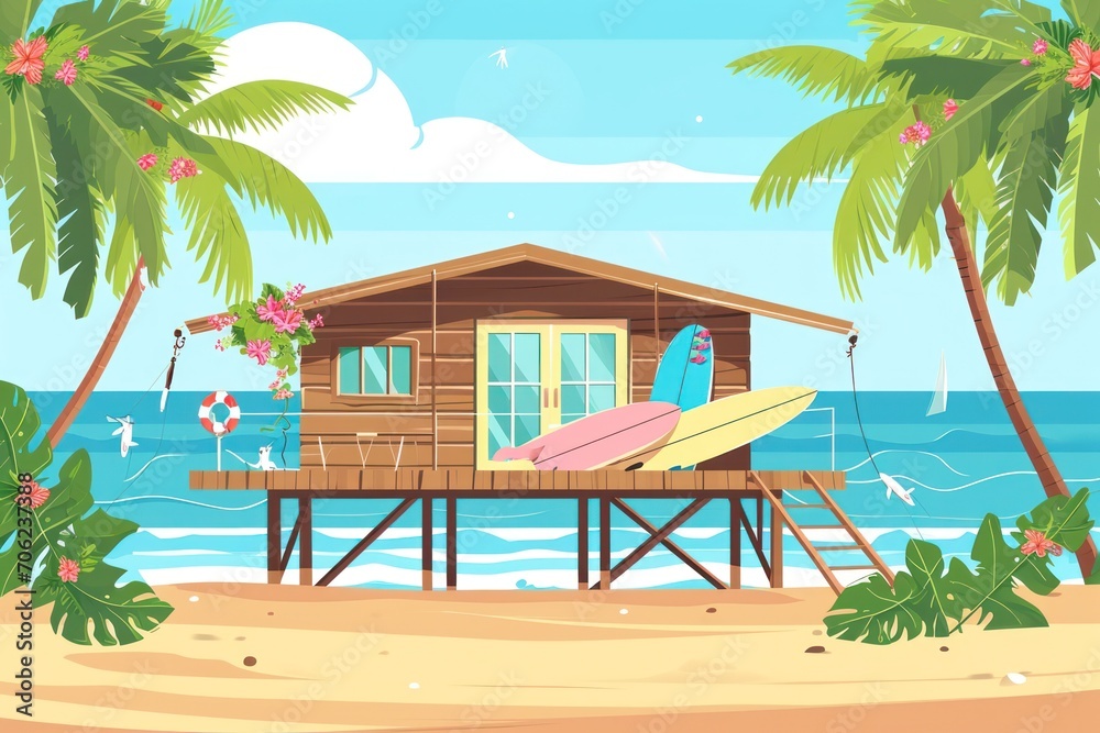 Bungalow on a beach with surfboards on the deck. Palm trees in the background and floral decoration. Summer house on the sand, exotic tropical scene.Vector illustration in flat cartoon style