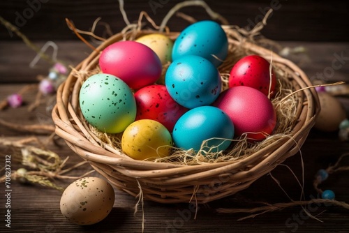 Colorful eggs in a basket, symbolizing spring and Easter. Generative AI