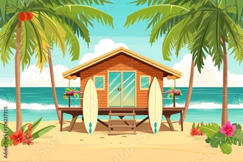 Bungalow on a beach with surfboards on the deck. Palm trees in the background and floral decoration. Summer house on the sand, exotic tropical scene.Vector illustration in flat cartoon style