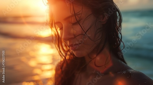 Beautiful close up iof woman at summer beach in golden time light.