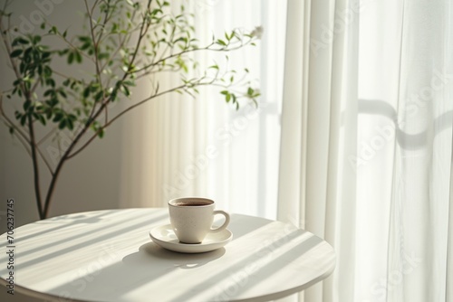 Watercolor painting of cup of coffee with sun light from window white background.