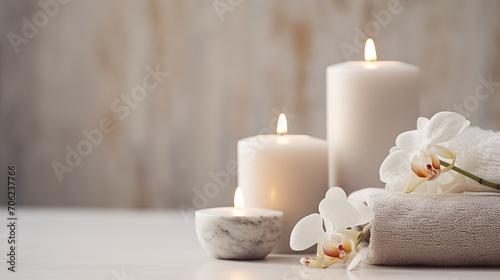 White Candles, Orchids, and Plush Towels for Luxury Beauty, Cosmetic, Skincare, Body Care, Aromatherapy, Spa Product Display Background,Tranquil Elegance