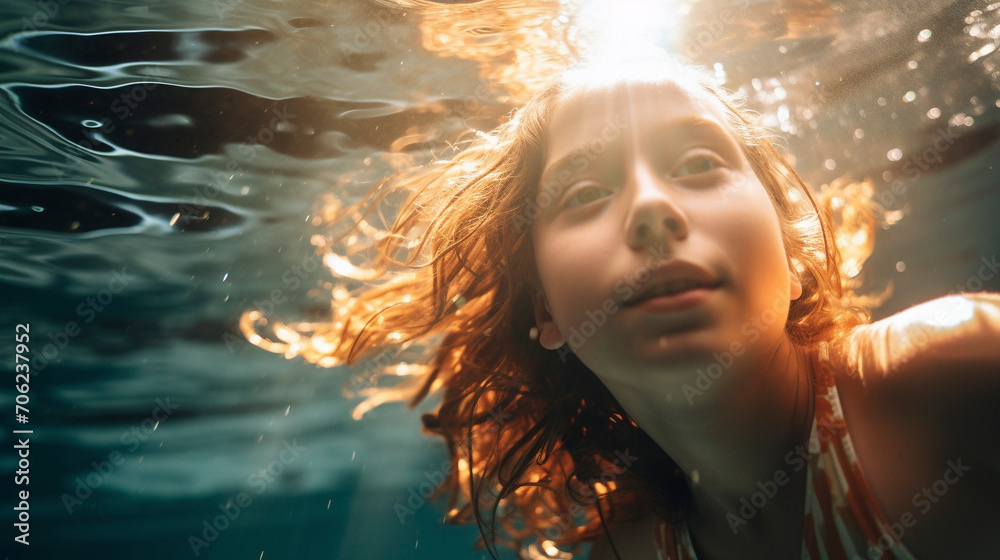 Dancing with Sunbeams: Underwater Delight of a Joyful Young Swimmer, Generative AI
