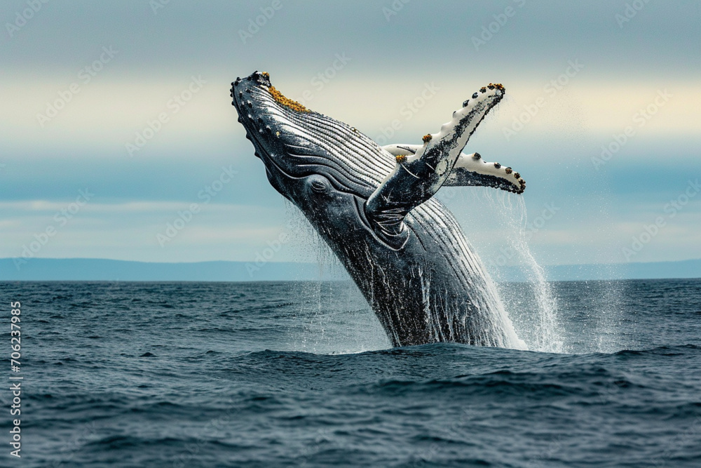 Humpback Whale Breaching in Ocean with Splash - obrazy, fototapety, plakaty 