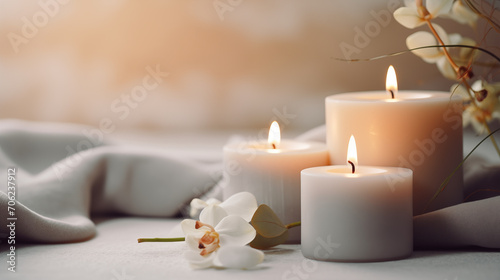 Vanilla Candles and Orchids for Luxury Beauty, Cosmetic, Skincare, Body Care, Aromatherapy, Spa Product Display Background,Tranquil Ambiance