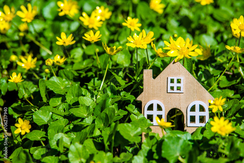 The symbol of the house stands among the yellow flowers 