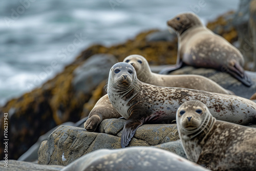 Harbor Seals Lounging on Coastal Rocks © ItziesDesign