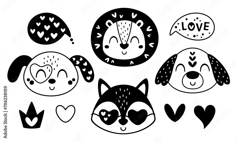 Fototapeta premium Valentines day clipart set. Black and white animal faces clipart. Cute Animal heads clip art. Cartoon fox, dog, lion in flat style. Vector illustration.