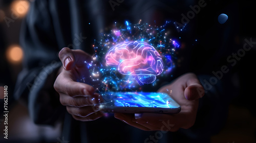 hands holding a smartphone with holographic brain floating above it, representing advanced futuristic mobile technology
